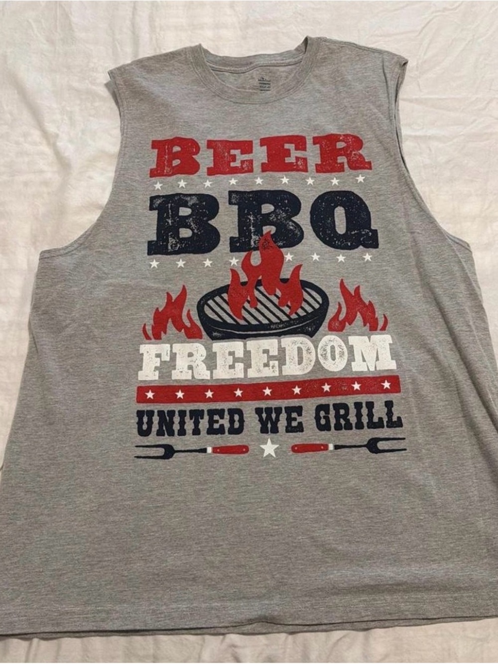 Men's Gray 'Beer BBQ Freedom' Sleeveless Graphic Tank Top